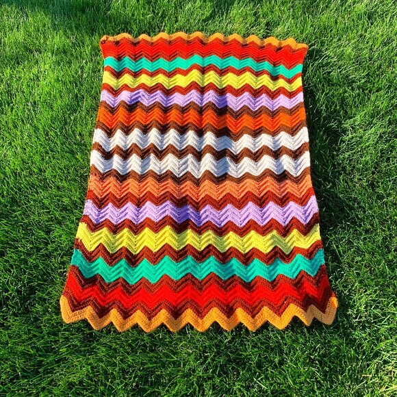 Handmade Other - Vintage 70s Crochet Afghan Hand Knit Colourful Wool Throw Boho Retro Blanket